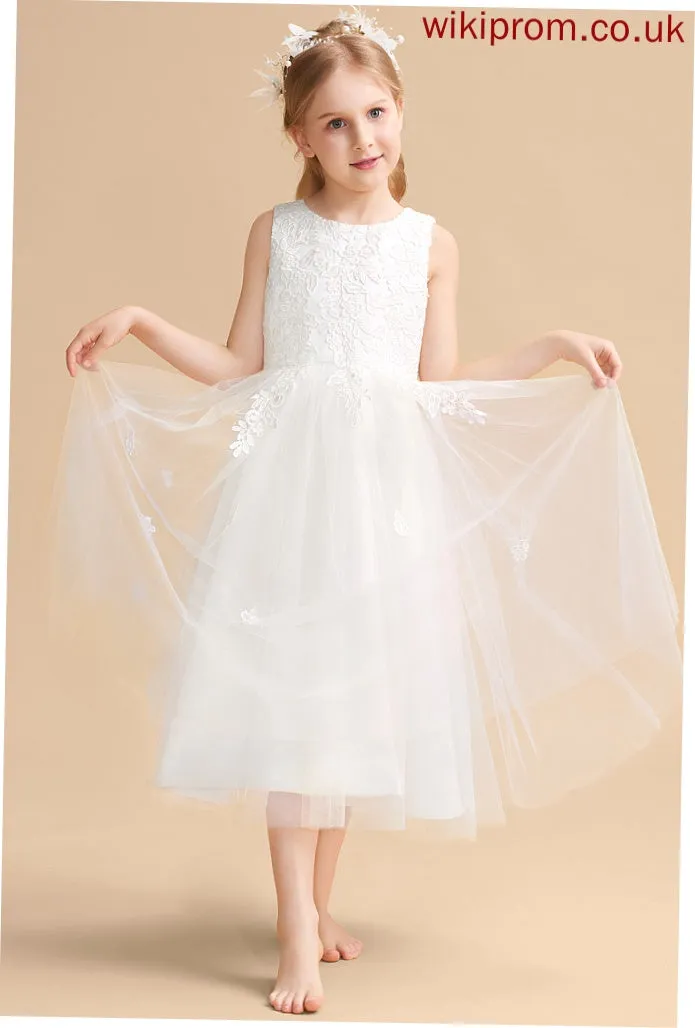 - Satin/Tulle Flower Neck Flower Girl Dresses Persis Tea-length A-Line Scoop With Dress Girl Bow(s) Sleeveless