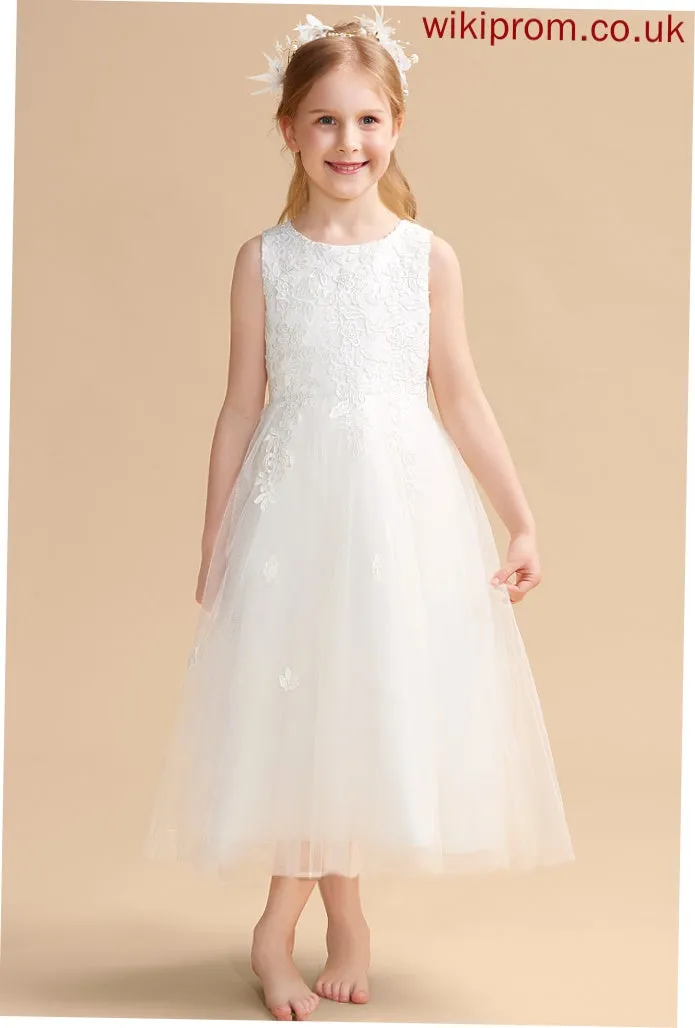 - Satin/Tulle Flower Neck Flower Girl Dresses Persis Tea-length A-Line Scoop With Dress Girl Bow(s) Sleeveless