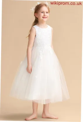 - Satin/Tulle Flower Neck Flower Girl Dresses Persis Tea-length A-Line Scoop With Dress Girl Bow(s) Sleeveless