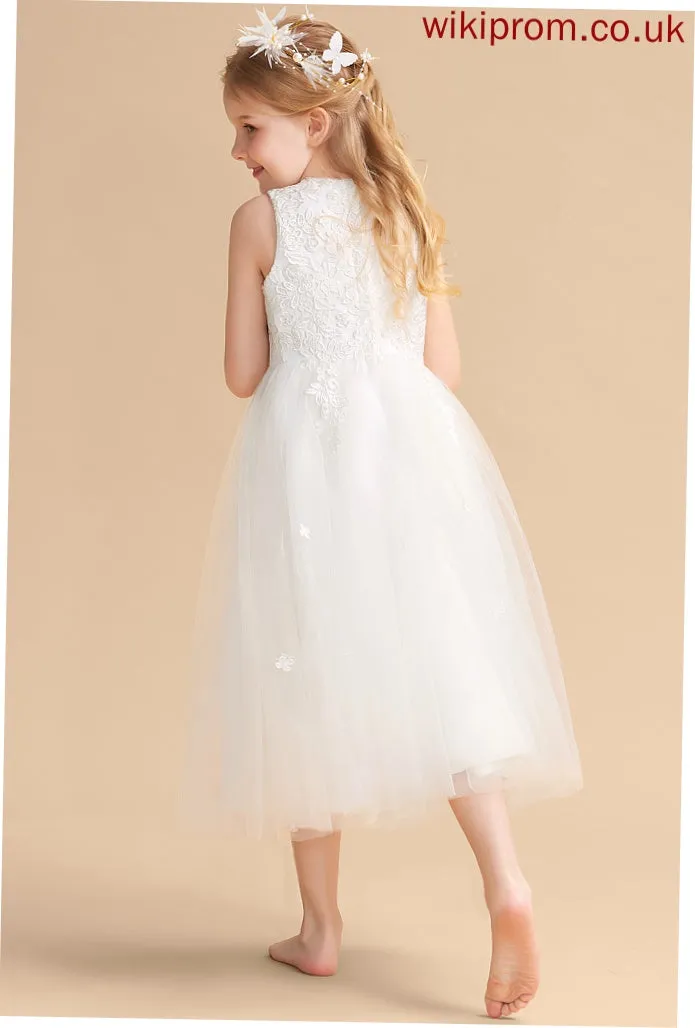 - Satin/Tulle Flower Neck Flower Girl Dresses Persis Tea-length A-Line Scoop With Dress Girl Bow(s) Sleeveless