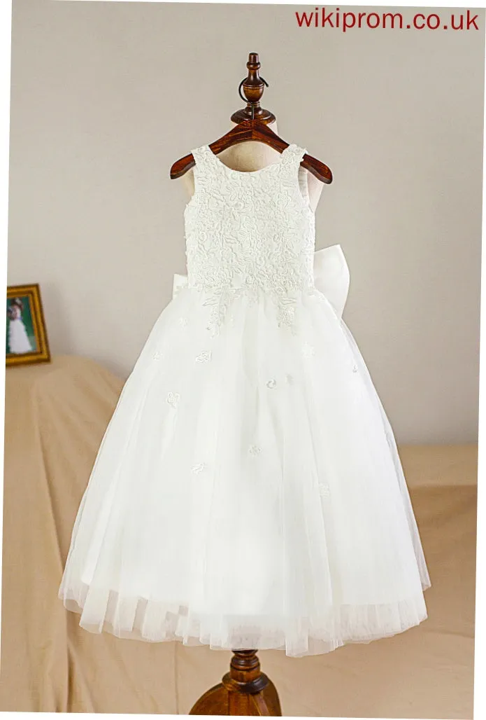 - Satin/Tulle Flower Neck Flower Girl Dresses Persis Tea-length A-Line Scoop With Dress Girl Bow(s) Sleeveless