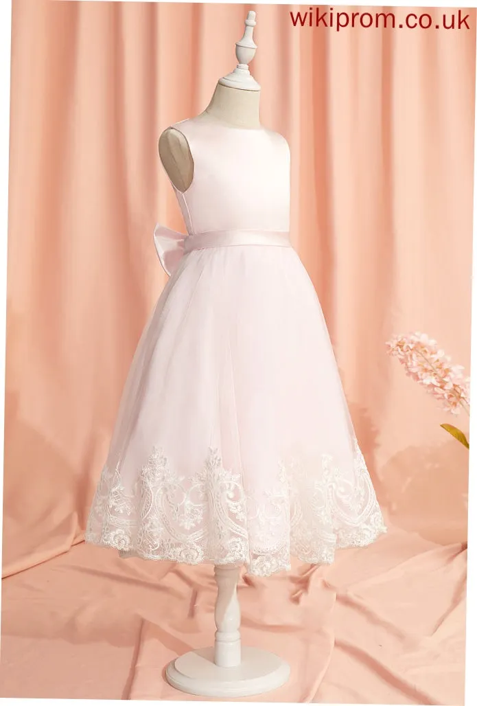 - With Girl Dress Sleeveless Flower Girl Dresses Flower Ball-Gown/Princess Alena Scoop Lace/Bow(s) Tea-length Neck Satin/Tulle