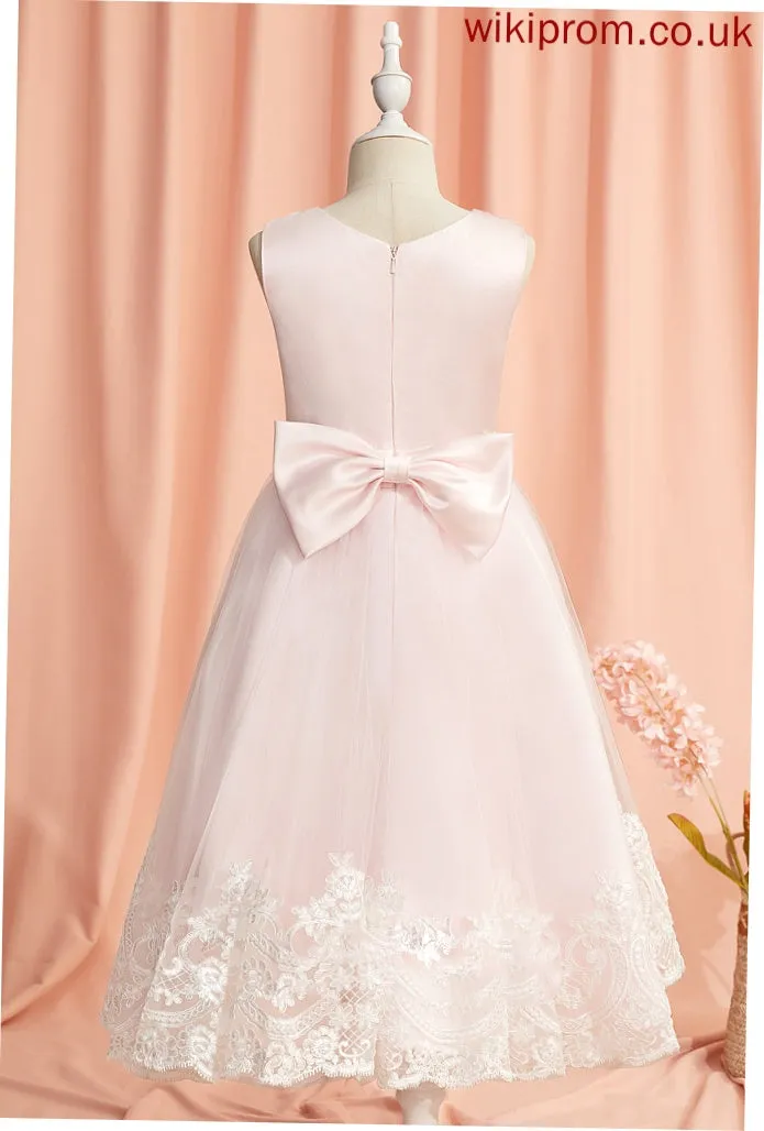 - With Girl Dress Sleeveless Flower Girl Dresses Flower Ball-Gown/Princess Alena Scoop Lace/Bow(s) Tea-length Neck Satin/Tulle