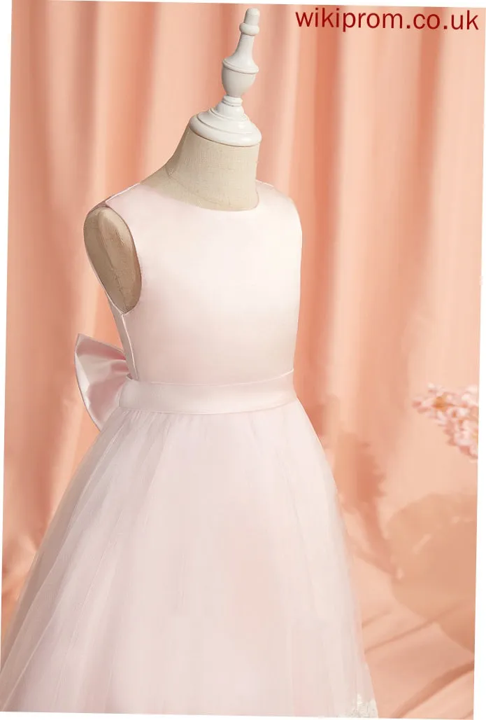 - With Girl Dress Sleeveless Flower Girl Dresses Flower Ball-Gown/Princess Alena Scoop Lace/Bow(s) Tea-length Neck Satin/Tulle