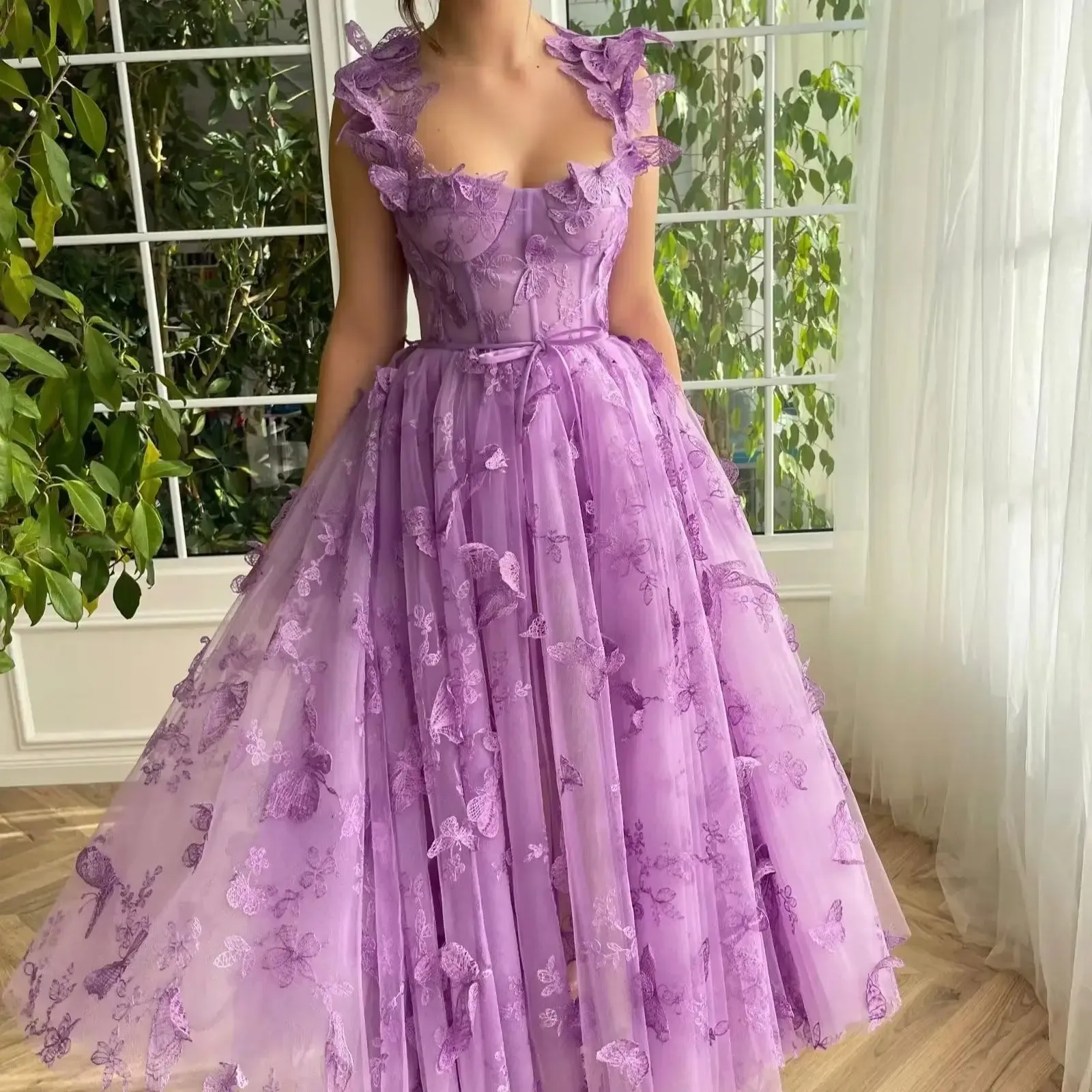 2024 Women's Tulle Prom Dresses 3D Butterfly Spaghetti Straps with Slit Tea Length Homecoming Dress Graduation School Party Gown