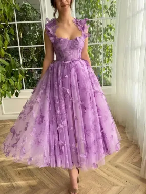 2024 Women's Tulle Prom Dresses 3D Butterfly Spaghetti Straps with Slit Tea Length Homecoming Dress Graduation School Party Gown