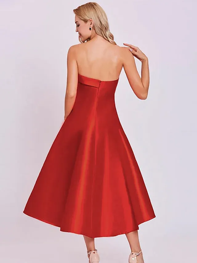 A-Line Cocktail Dresses Minimalist Dress Homecoming Tea Length Sleeveless Strapless Satin with Sleek