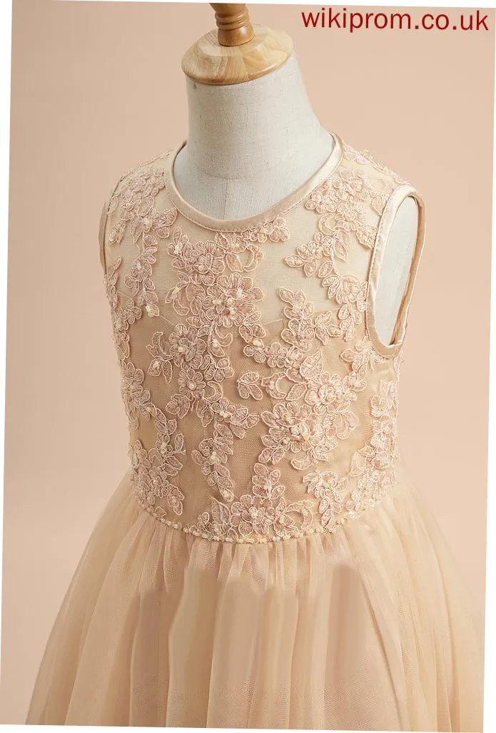 A-Line - Dress Sleeveless Girl Flower Girl Dresses Mikaela Scoop Neck Flower Beading/Sequins Tea-length With Tulle/Lace