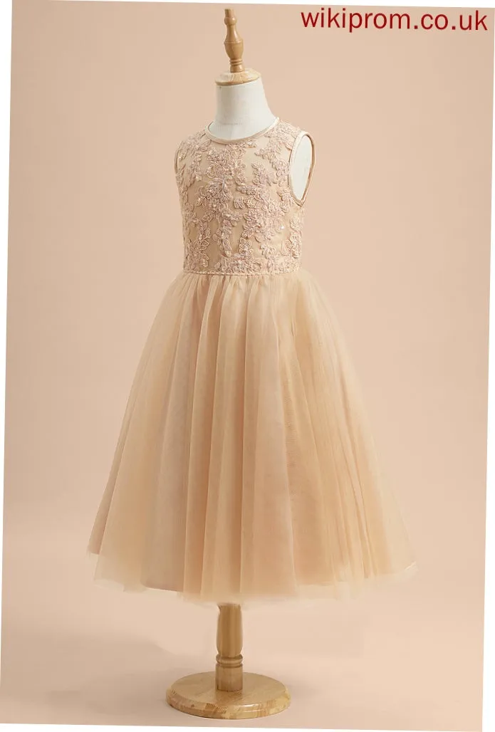 A-Line - Dress Sleeveless Girl Flower Girl Dresses Mikaela Scoop Neck Flower Beading/Sequins Tea-length With Tulle/Lace