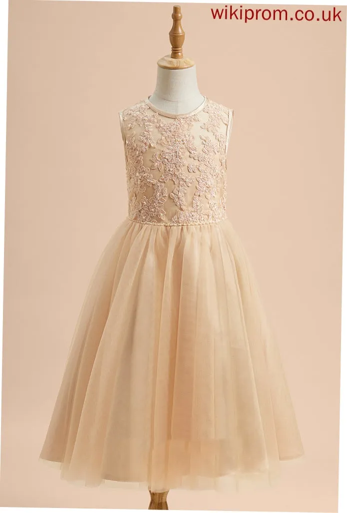 A-Line - Dress Sleeveless Girl Flower Girl Dresses Mikaela Scoop Neck Flower Beading/Sequins Tea-length With Tulle/Lace