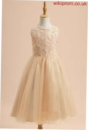 A-Line - Dress Sleeveless Girl Flower Girl Dresses Mikaela Scoop Neck Flower Beading/Sequins Tea-length With Tulle/Lace