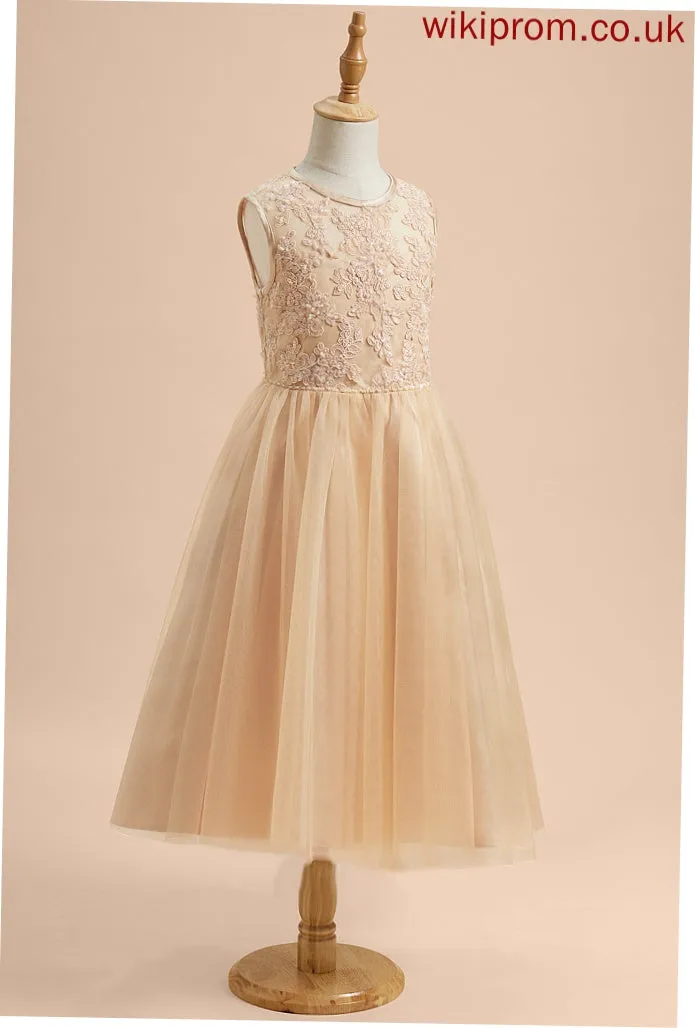 A-Line - Dress Sleeveless Girl Flower Girl Dresses Mikaela Scoop Neck Flower Beading/Sequins Tea-length With Tulle/Lace