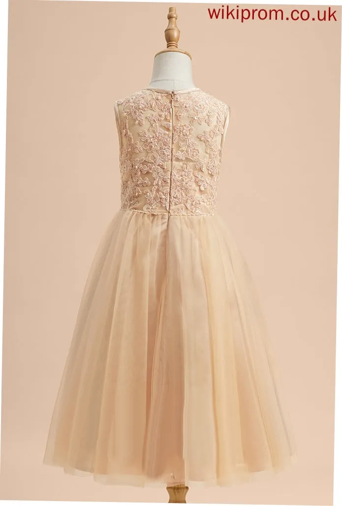 A-Line - Dress Sleeveless Girl Flower Girl Dresses Mikaela Scoop Neck Flower Beading/Sequins Tea-length With Tulle/Lace