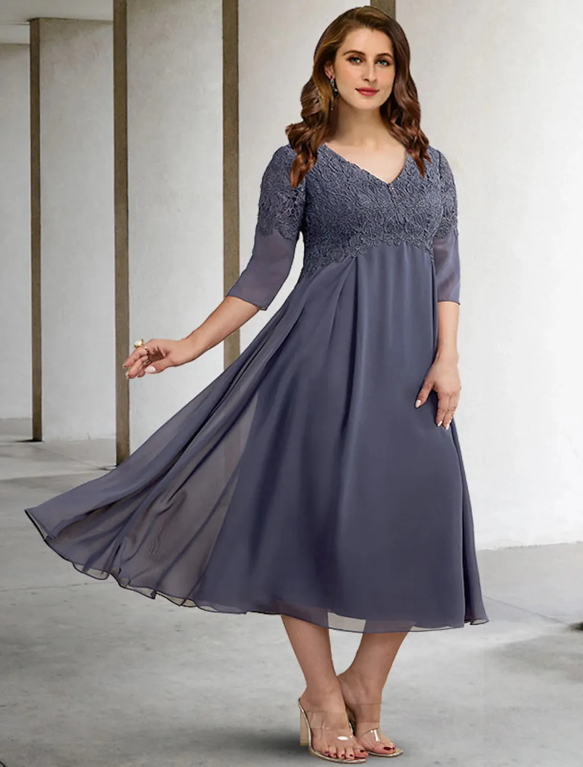 A-Line Plus Size Curve Mother of the Bride Dresses Elegant Dress Formal Tea Length Half Sleeve V Neck Chiffon with Buttons Appliques Fall 2023