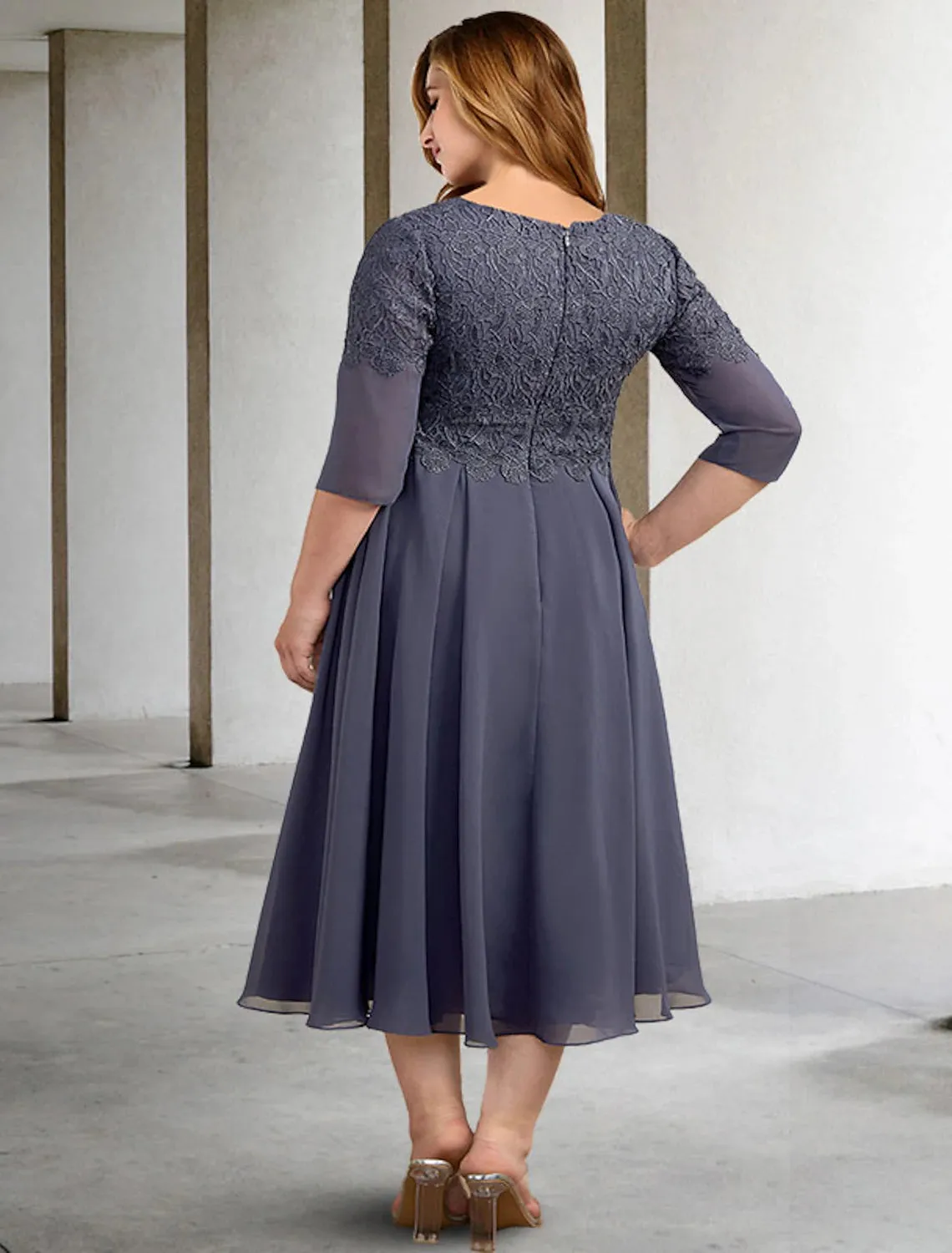 A-Line Plus Size Curve Mother of the Bride Dresses Elegant Dress Formal Tea Length Half Sleeve V Neck Chiffon with Buttons Appliques Fall 2023