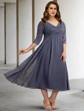 A-Line Plus Size Curve Mother of the Bride Dresses Elegant Dress Formal Tea Length Half Sleeve V Neck Chiffon with Buttons Appliques Fall 2023