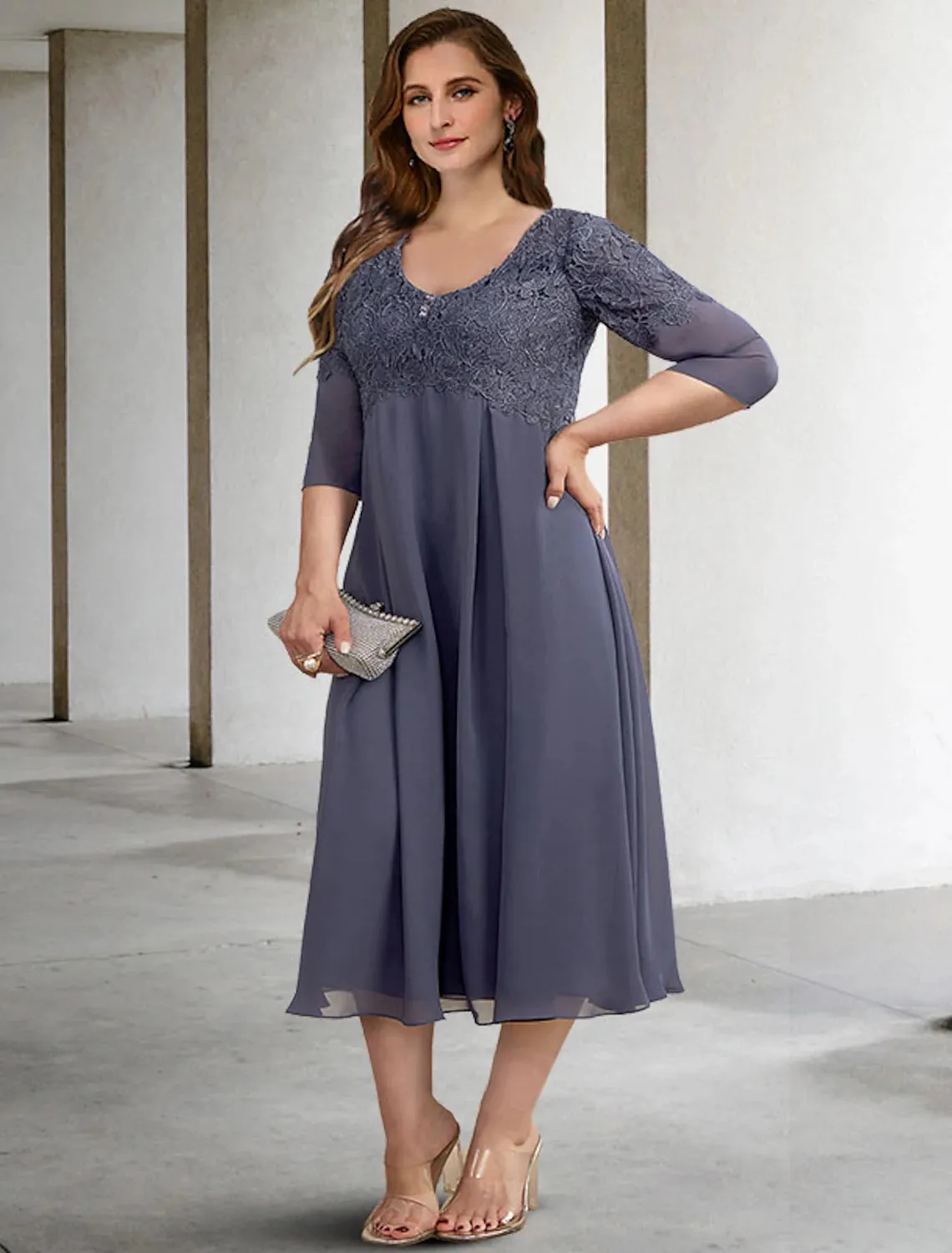 A-Line Plus Size Curve Mother of the Bride Dresses Elegant Dress Formal Tea Length Half Sleeve V Neck Chiffon with Buttons Appliques Fall 2023