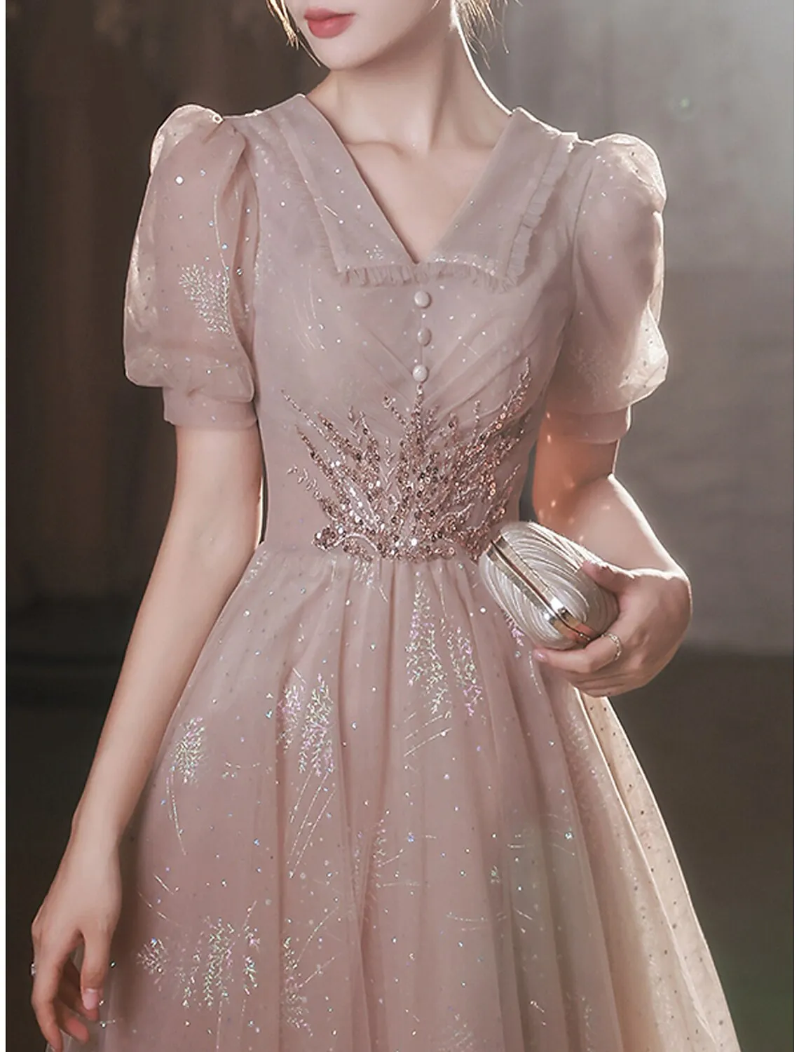 A-Line Prom Dresses Sparkle & Shine Dress Party Wear Prom Tea Length Half Sleeve V Neck Satin with Buttons Appliques