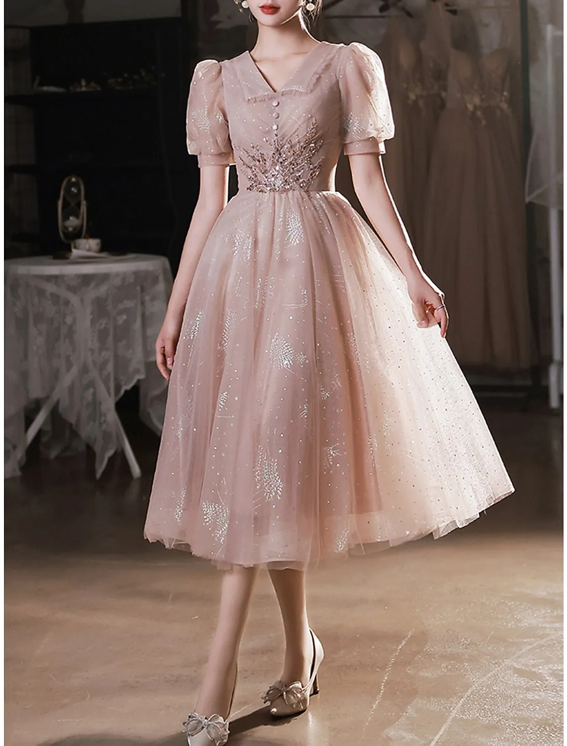 A-Line Prom Dresses Sparkle & Shine Dress Party Wear Prom Tea Length Half Sleeve V Neck Satin with Buttons Appliques