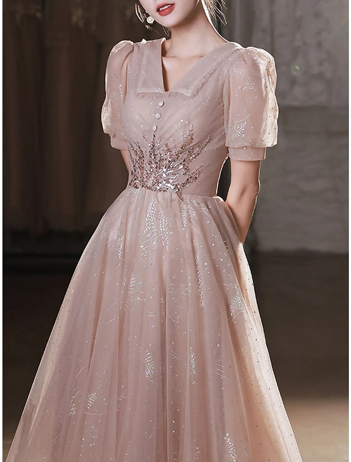 A-Line Prom Dresses Sparkle & Shine Dress Party Wear Prom Tea Length Half Sleeve V Neck Satin with Buttons Appliques