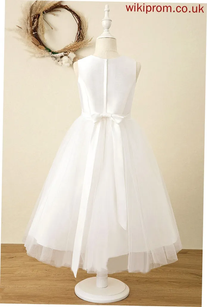 A-Line Satin/Tulle Sleeveless Adison Tea-length Dress Flower Neck - Scoop Flower Girl Dresses Girl