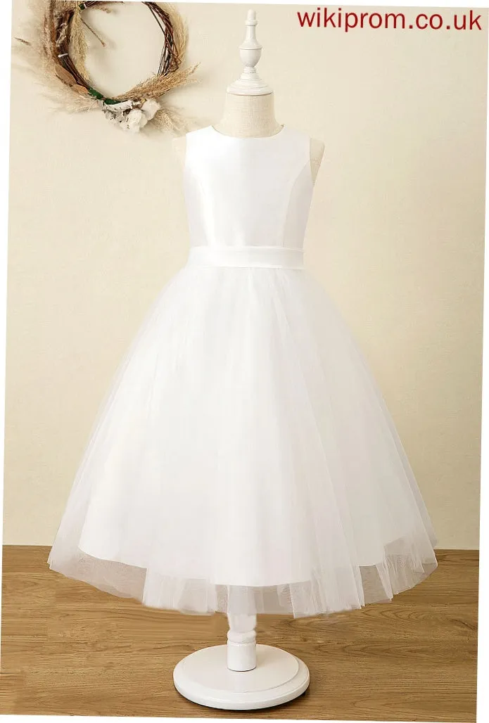 A-Line Satin/Tulle Sleeveless Adison Tea-length Dress Flower Neck - Scoop Flower Girl Dresses Girl