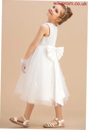 A-Line Scoop Girl Tea-length Bow(s) - Neck Satin/Tulle Flower Girl Dresses With Sleeveless Dress Flower Kali