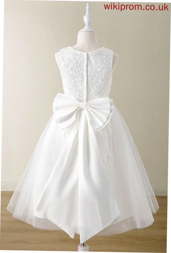 A-Line Scoop Girl Tea-length Bow(s) - Neck Satin/Tulle Flower Girl Dresses With Sleeveless Dress Flower Kali