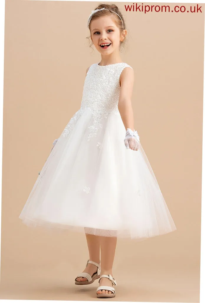 A-Line Scoop Girl Tea-length Bow(s) - Neck Satin/Tulle Flower Girl Dresses With Sleeveless Dress Flower Kali