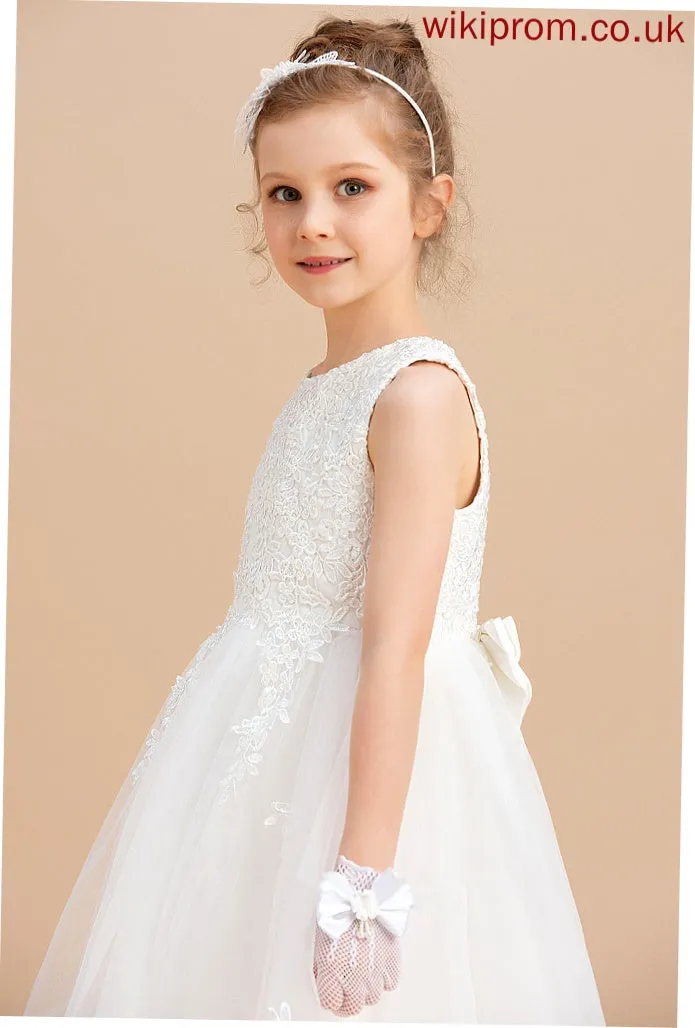 A-Line Scoop Girl Tea-length Bow(s) - Neck Satin/Tulle Flower Girl Dresses With Sleeveless Dress Flower Kali