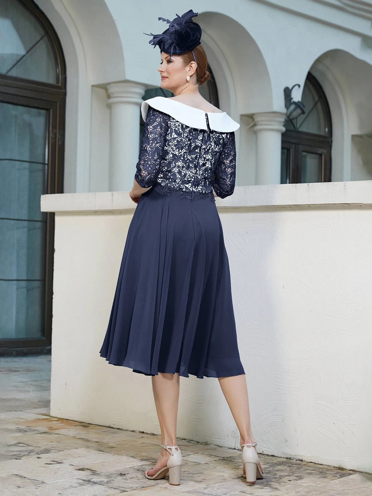 A-line Tea-length Chiffon Dress Dark Navy