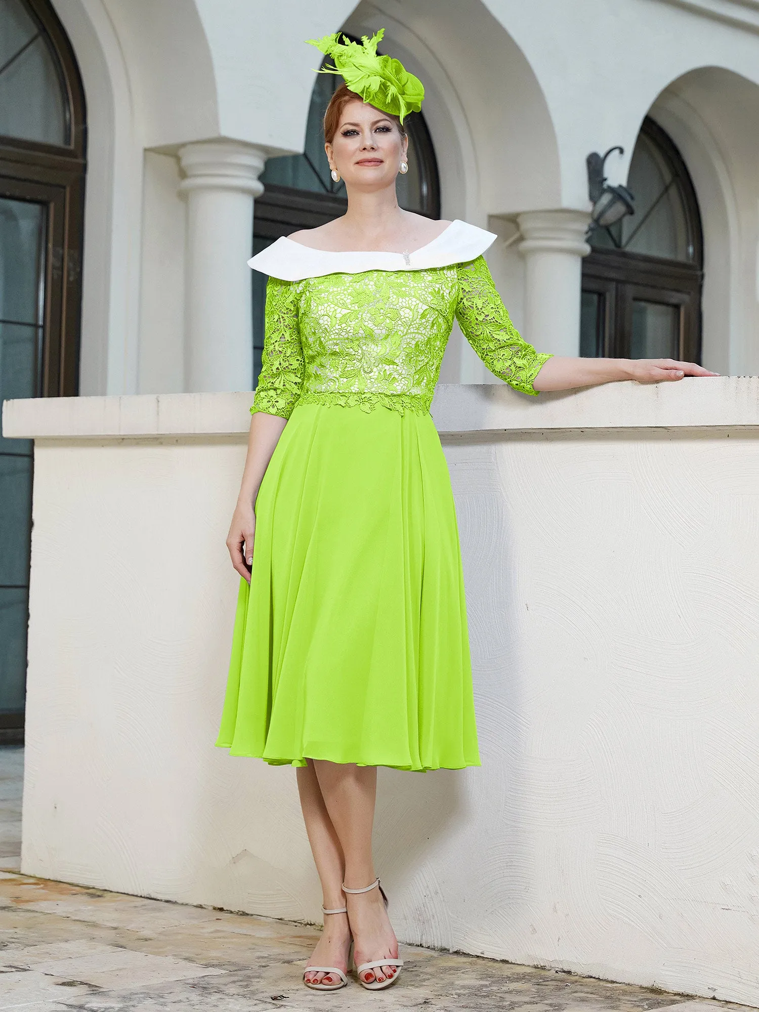 A-line Tea-length Chiffon Dress Lime Green