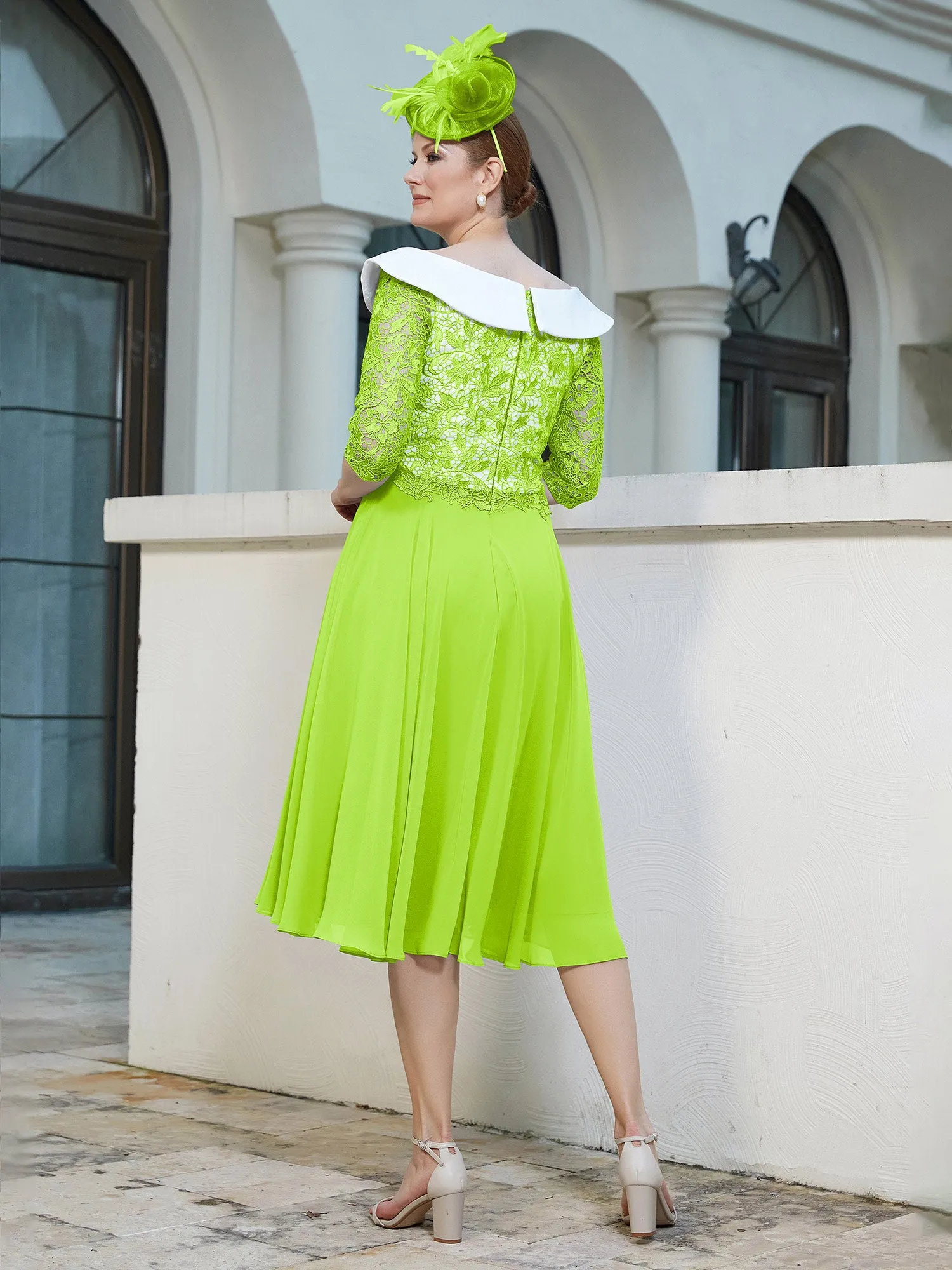 A-line Tea-length Chiffon Dress Lime Green