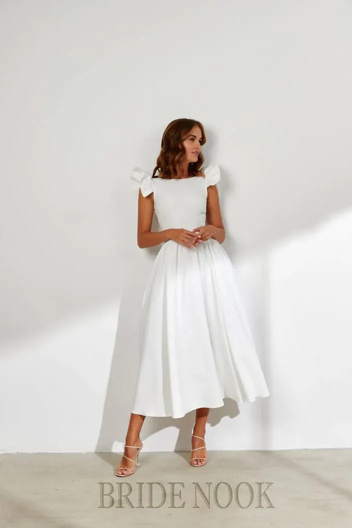 A-Line Tea Length White Wedding Dress With Ruffle Sleeves