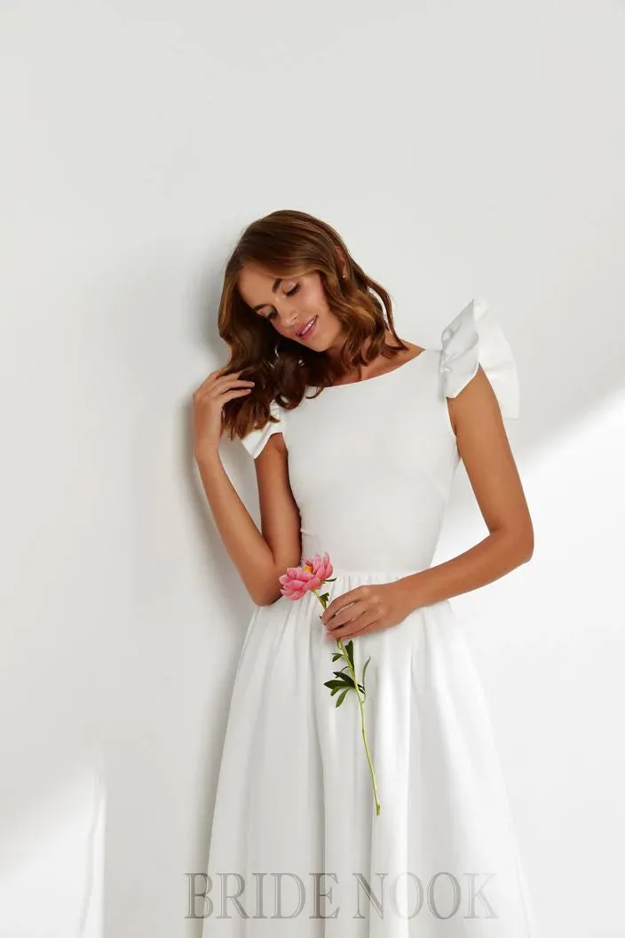 A-Line Tea Length White Wedding Dress With Ruffle Sleeves