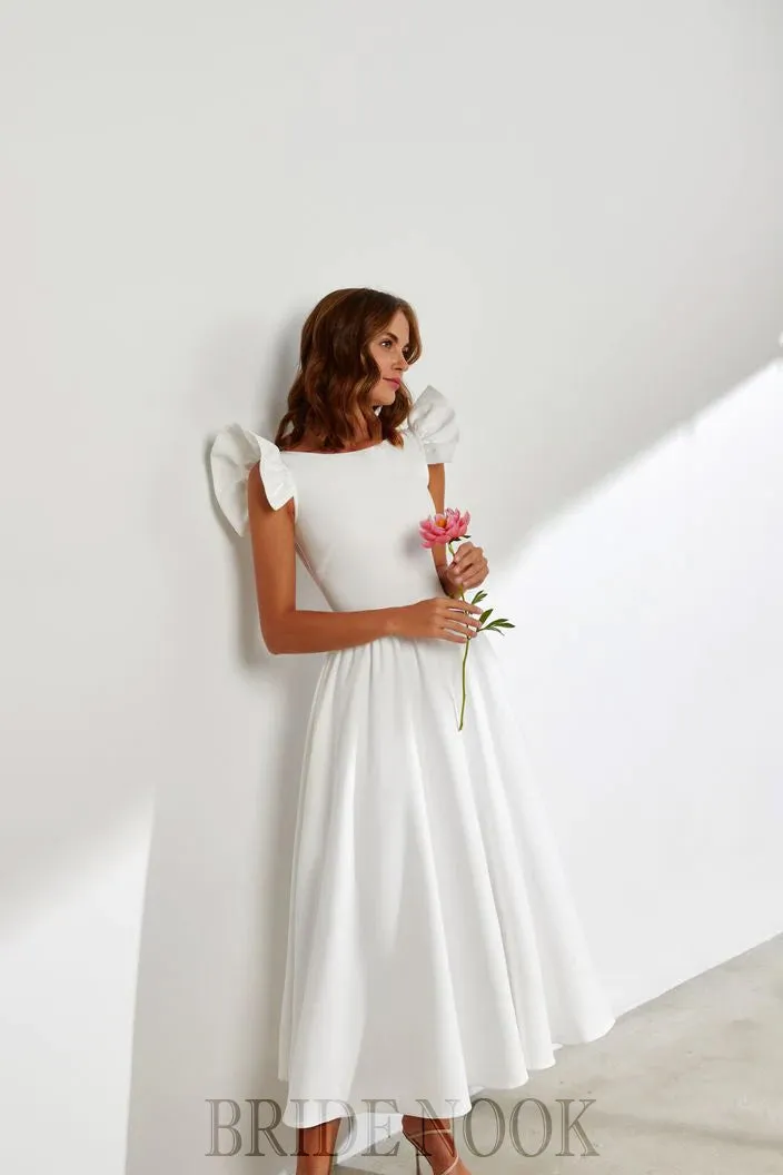 A-Line Tea Length White Wedding Dress With Ruffle Sleeves