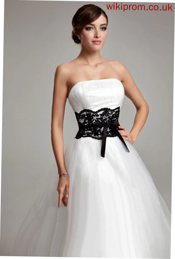 Beading Ball-Gown/Princess Strapless With Tea-Length Tulle Wedding Bow(s) Satin Piper Sash Dress Lace Wedding Dresses