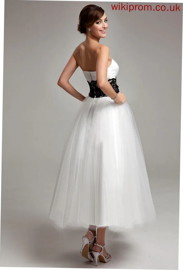 Beading Ball-Gown/Princess Strapless With Tea-Length Tulle Wedding Bow(s) Satin Piper Sash Dress Lace Wedding Dresses