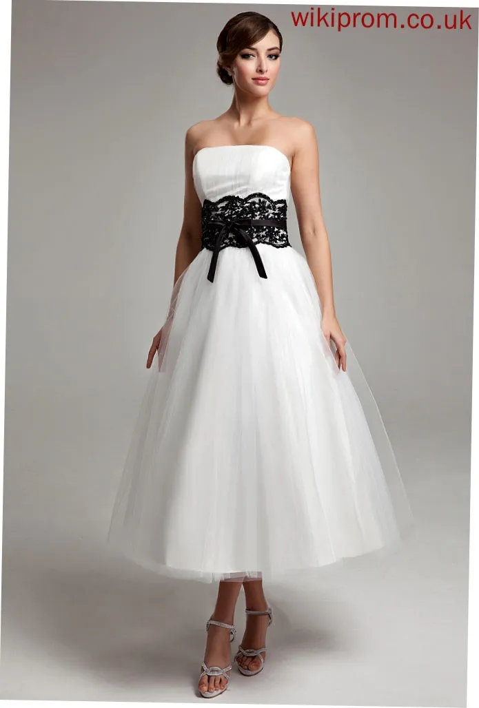 Beading Ball-Gown/Princess Strapless With Tea-Length Tulle Wedding Bow(s) Satin Piper Sash Dress Lace Wedding Dresses