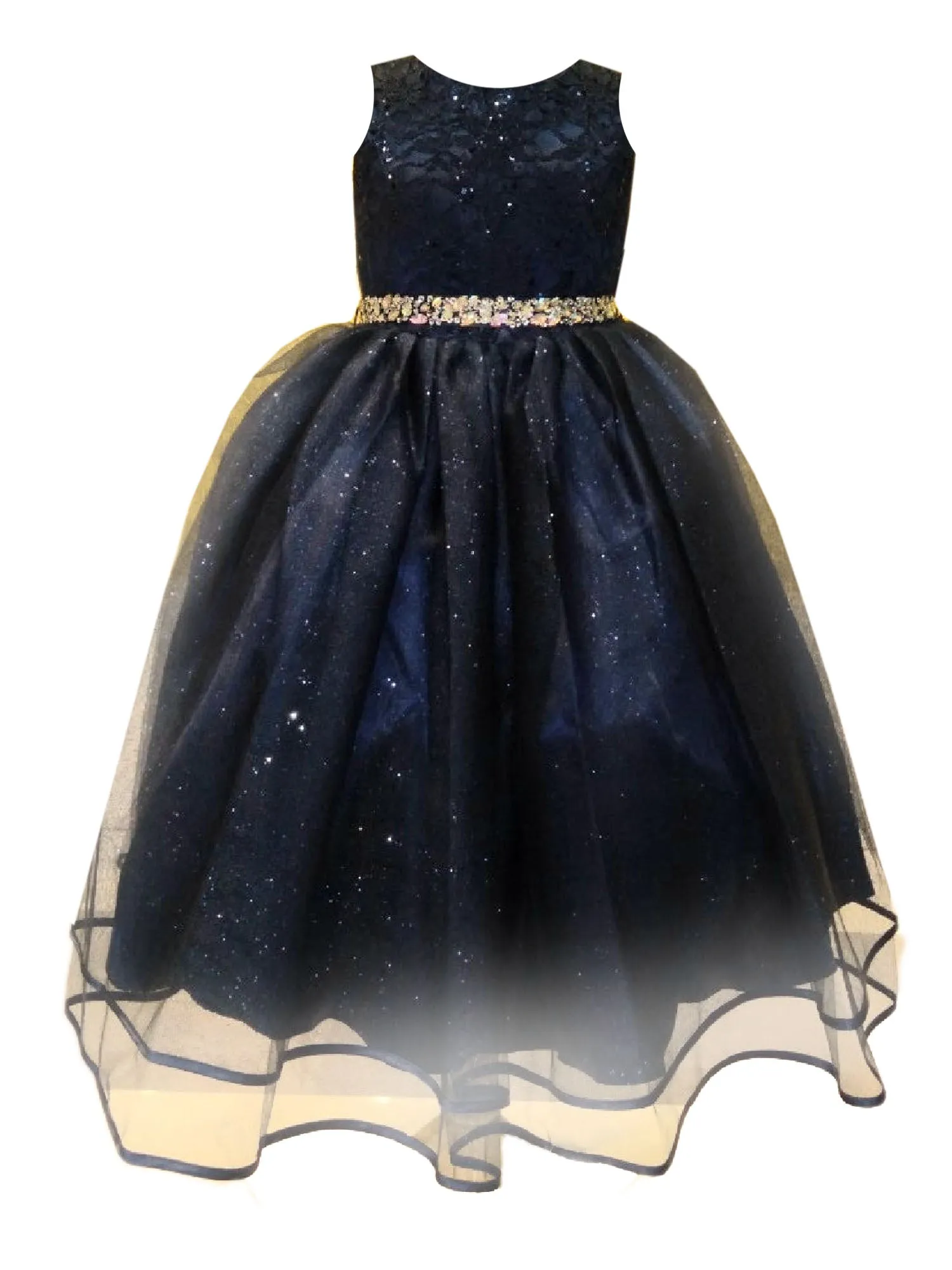 Big Girls Navy Lace Sequin Belt Glitter Tulle Junior Bridesmaid Dress 8-16