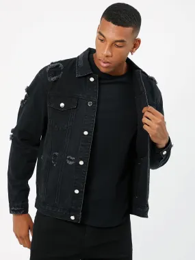 Black Single Breasted Ripped Flap Detail Denim Jacket