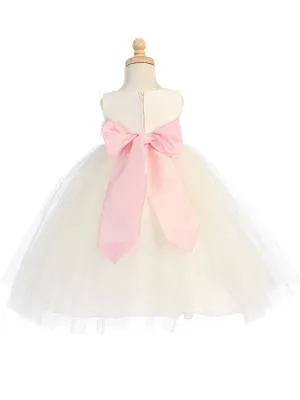 Blossom Pink Poly Silk Bodice & Tulle Skirt Dress w/ Detachable Flower & Sash