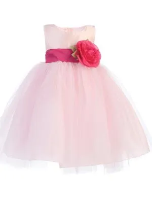 Blossom Pink Poly Silk Bodice & Tulle Skirt Dress w/ Detachable Flower & Sash