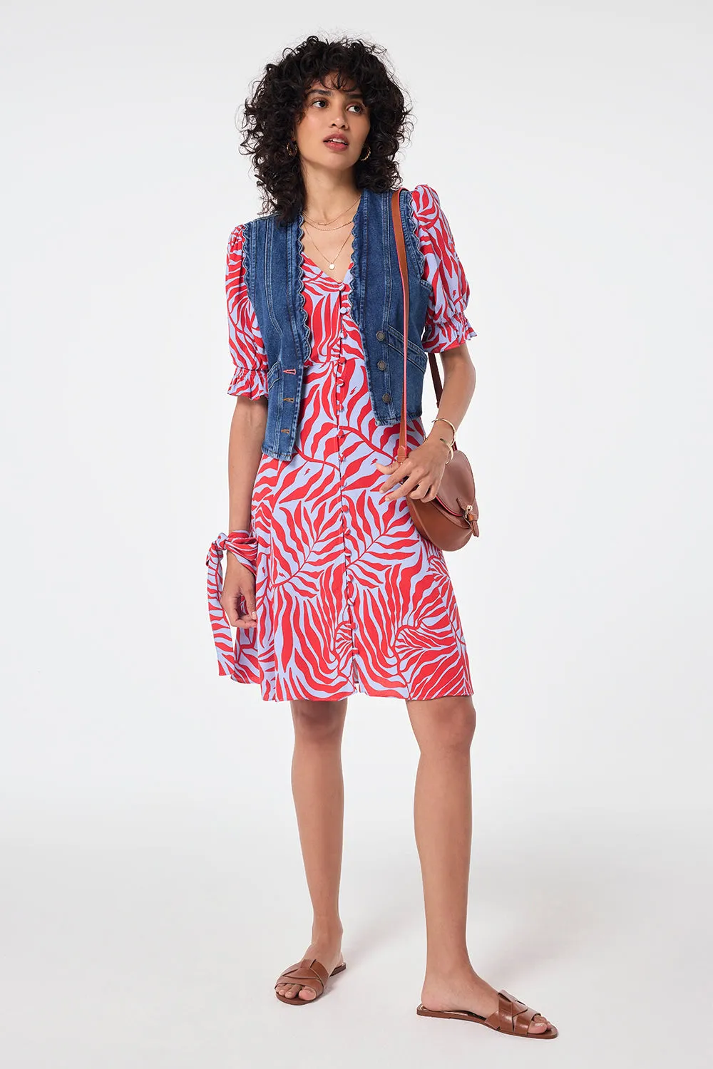 Blue with Red Palm Short Tea Dress