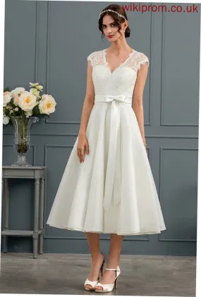 Bow(s) Wedding Dress Wedding Dresses Tea-Length Melinda Satin V-neck A-Line Lace With