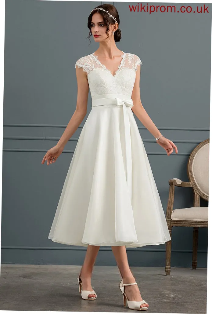 Bow(s) Wedding Dress Wedding Dresses Tea-Length Melinda Satin V-neck A-Line Lace With