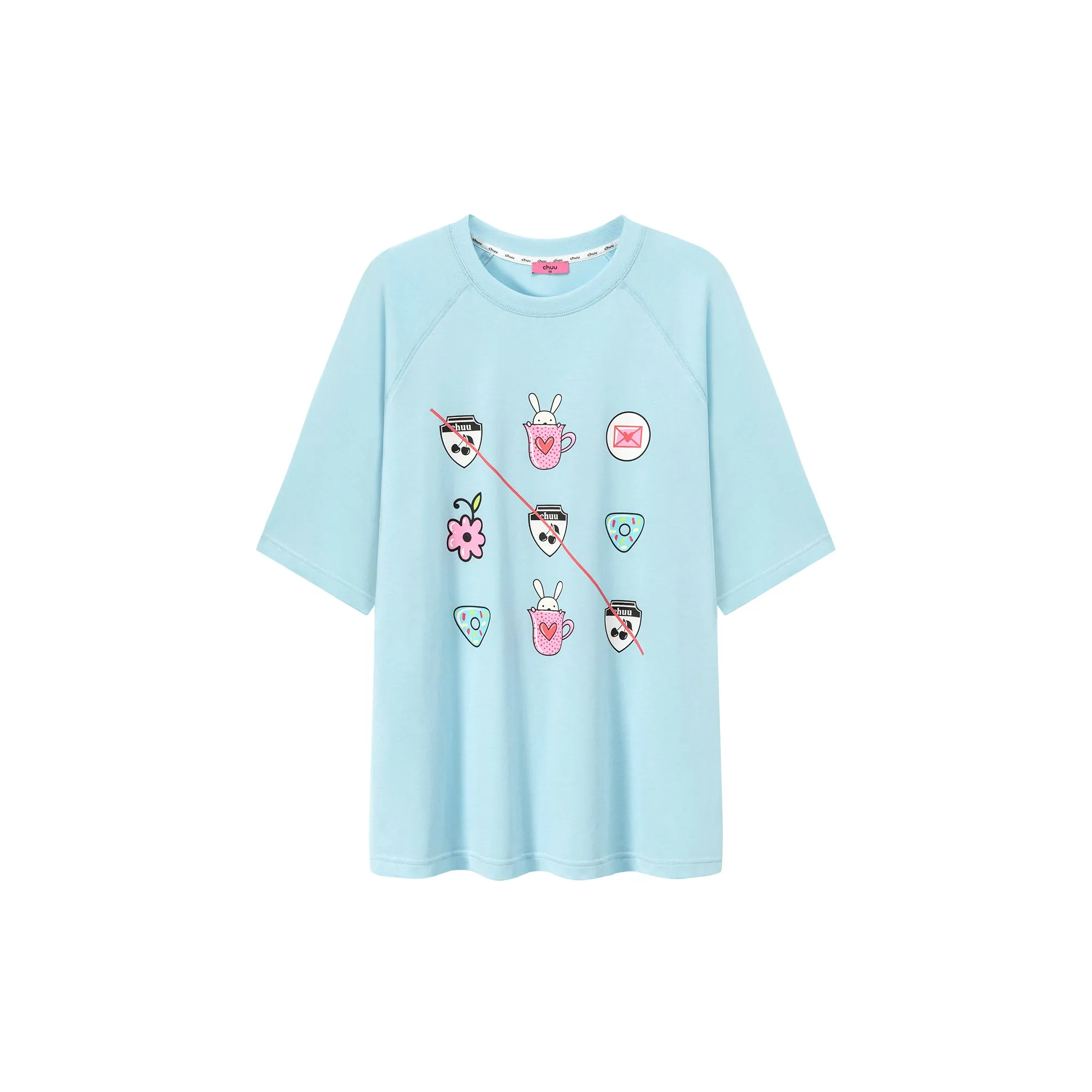 Chuu Cute Printed Icons Raglan Loose-Fitting T-Shirt