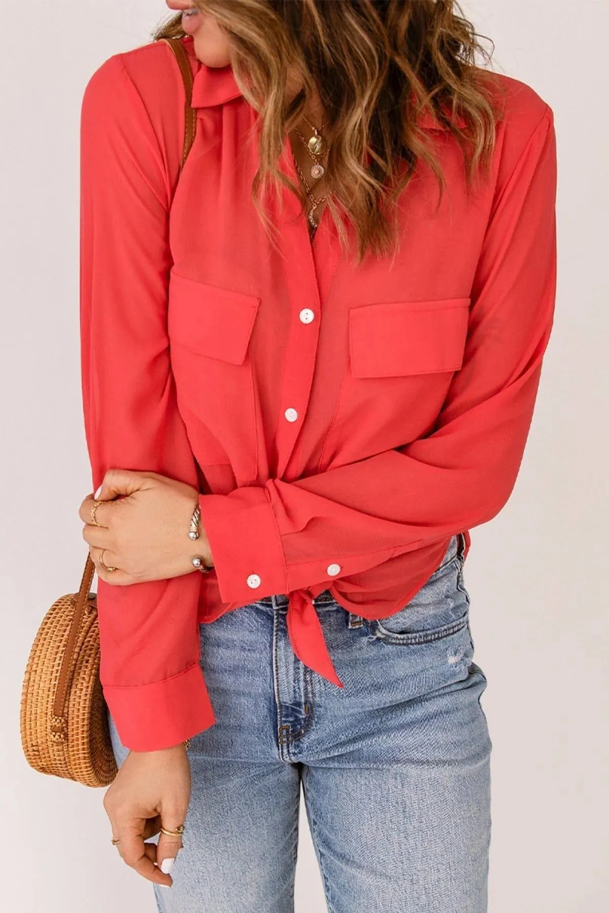 Flap Pocket Button Up Shirt Red