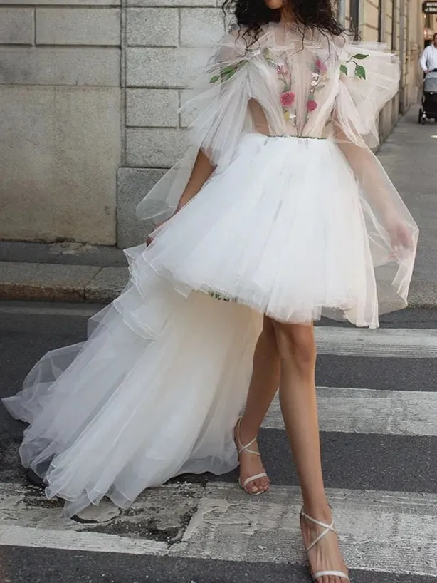 Floral Detail Tulle Short Wedding Dress All Sizes