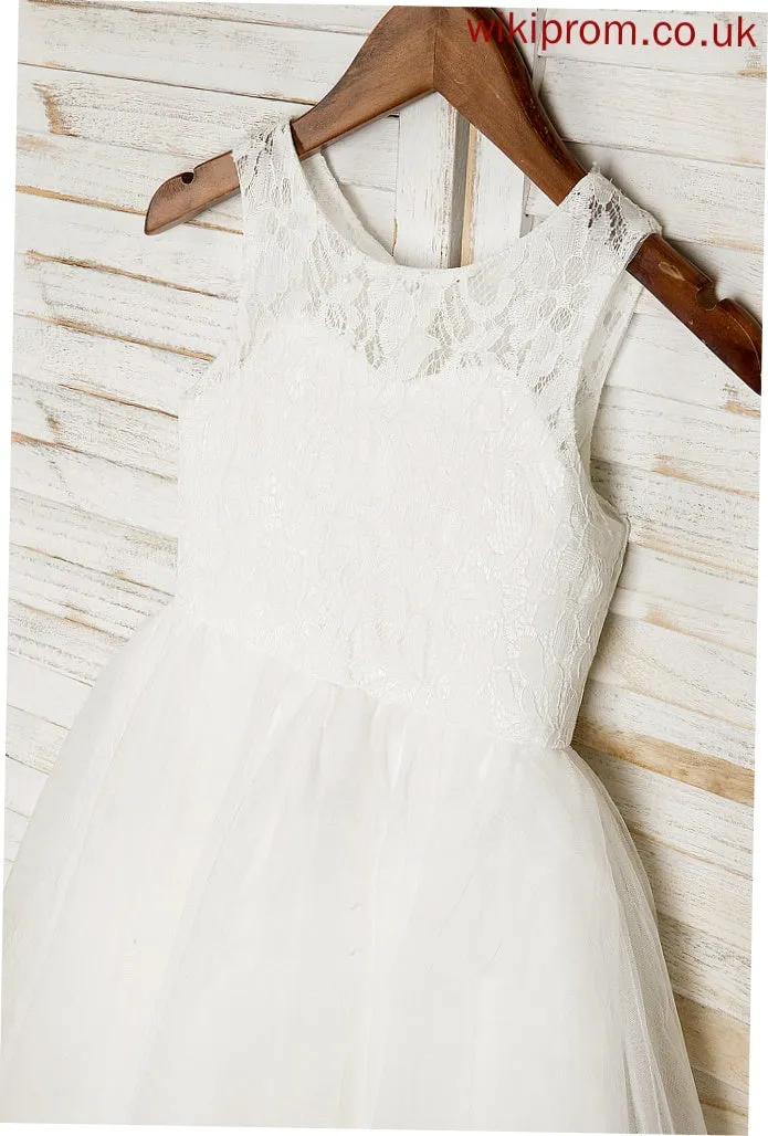 Flower Girl Flower Girl Dresses Tulle/Lace Neck A-Line/Princess Scoop With Sash/Bow(s) Tea-length Dress - Allison Sleeveless